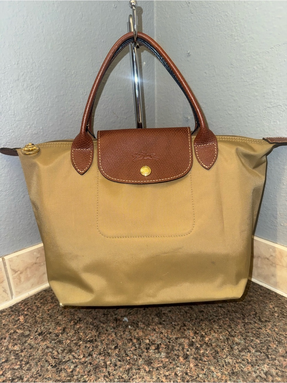 Longchamp Beige Tote with Brown Leather Trim